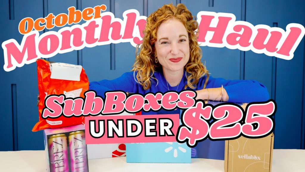 A woman smiling with subscription boxes and snacks, promoting affordable options under $25.