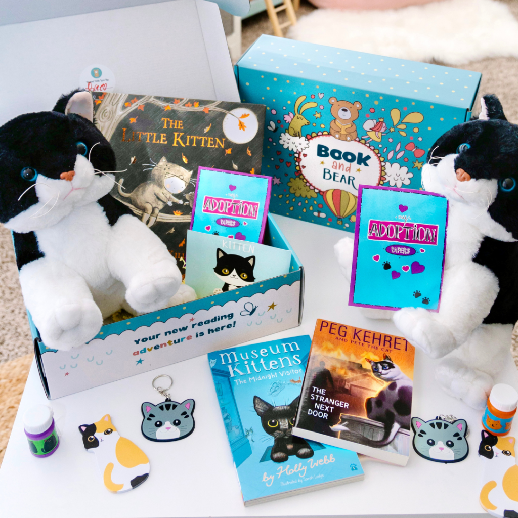 Plush kittens, books, and adoption papers in a colorful "Book and Bear" box set with cat-themed accessories.,Plush kittens, books, and adoption papers in a colorful "Book and Bear" box set with cat-themed accessories.