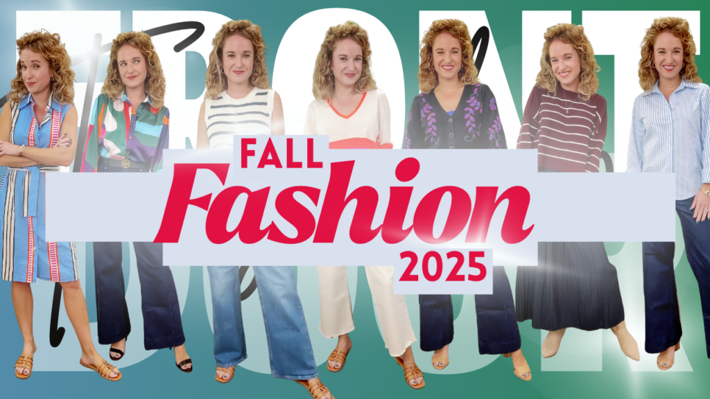 Woman modeling seven different Fall Outfits 2025 including dresses, blouses, jeans, and skirts on a colorful backdrop.