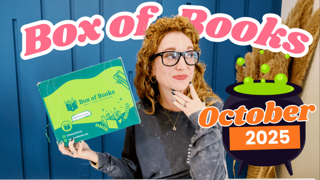 Person holding a green "Box of Books" package, with "October 2025" text and a cauldron graphic in the background.