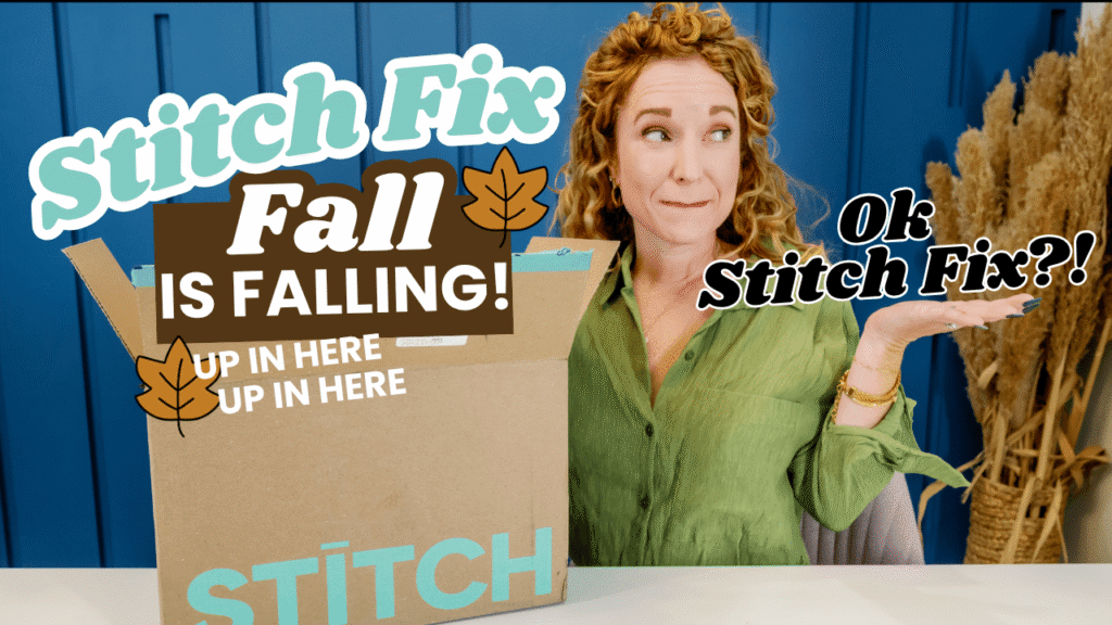 Person sitting at a table with a Stitch Fix box, smiling and gesturing in playful surprise against a blue background.