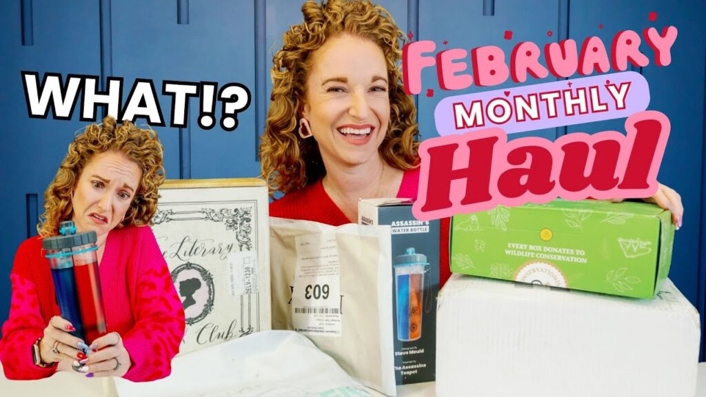 A woman with curly hair showcases subscription boxes in a February haul video.