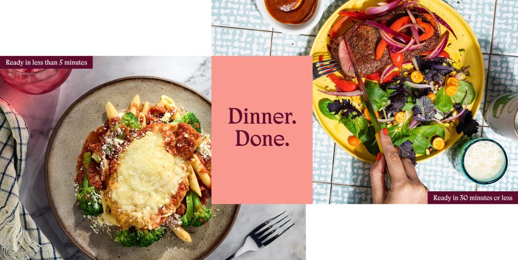 Two dinner plates: cheesy baked pasta with broccoli on left and steak with colorful salad and hand holding fork on right, "Di