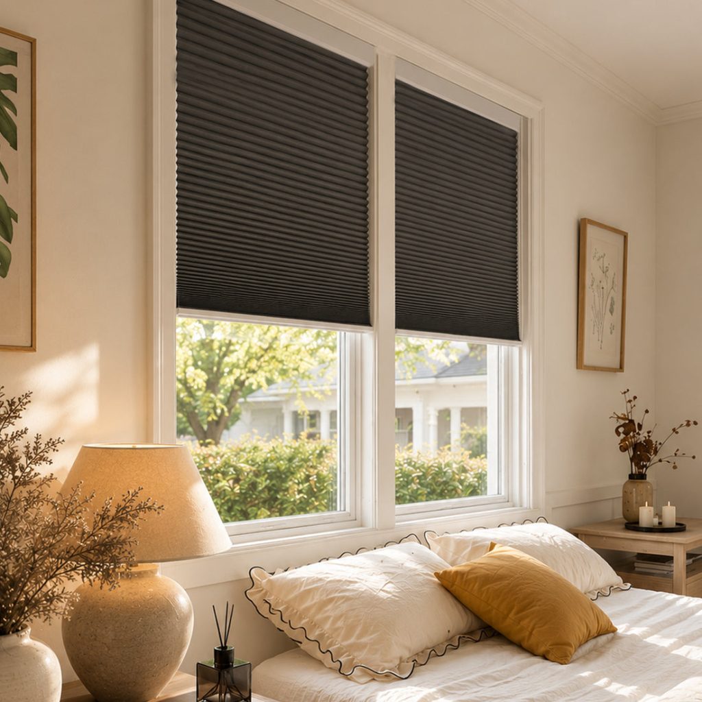 Alt_text: Cozy bedroom featuring two windows with dark honeycomb shades, a bed with white linens and a mustard-colored pillow