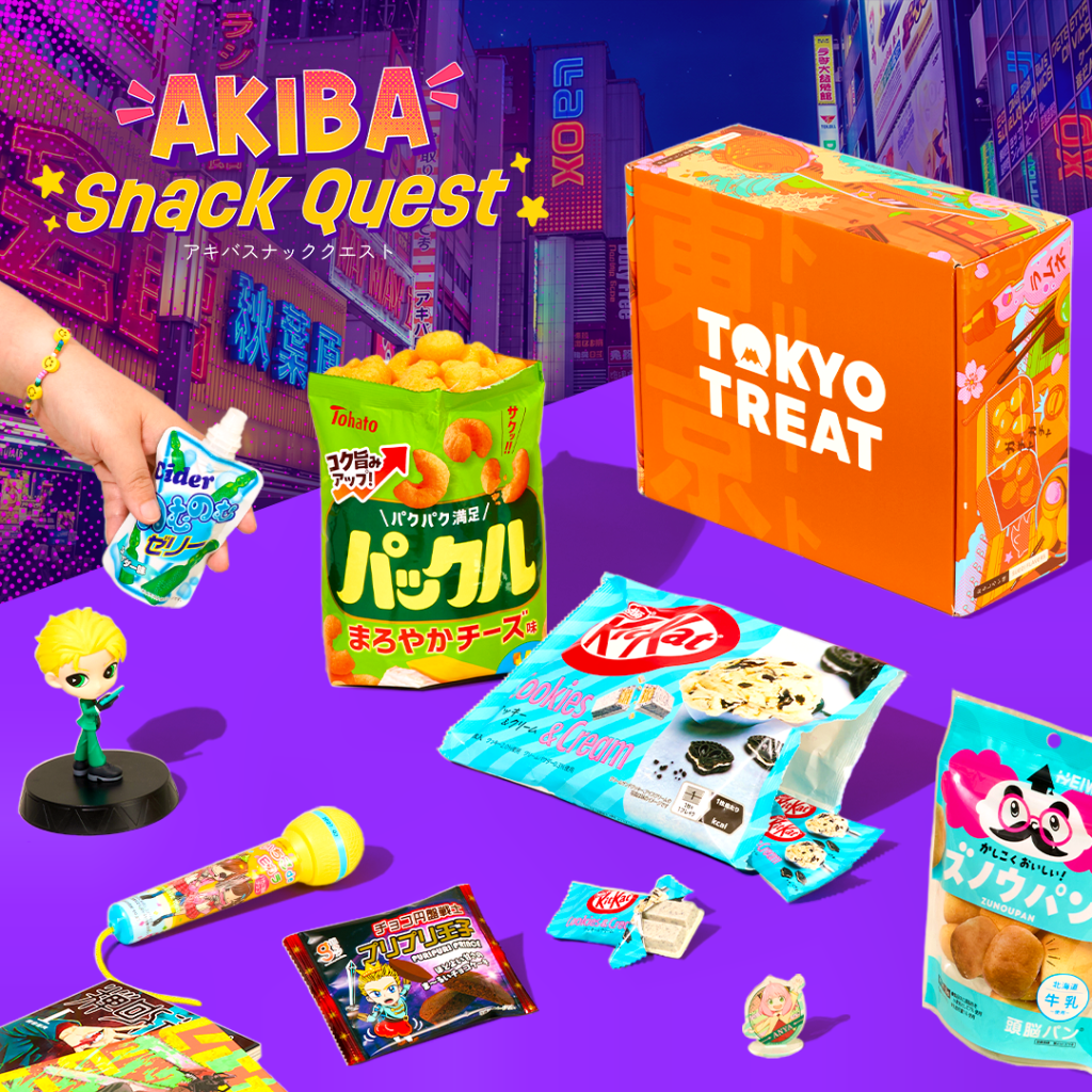 Alt_text: Colorful assortment of snacks and a toy figure displayed on a purple background. Items include a bag of cheese-flav